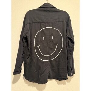 Elan Black Smiley Face Embroidered Denim shirt Jacket Oversized Fringe Size S